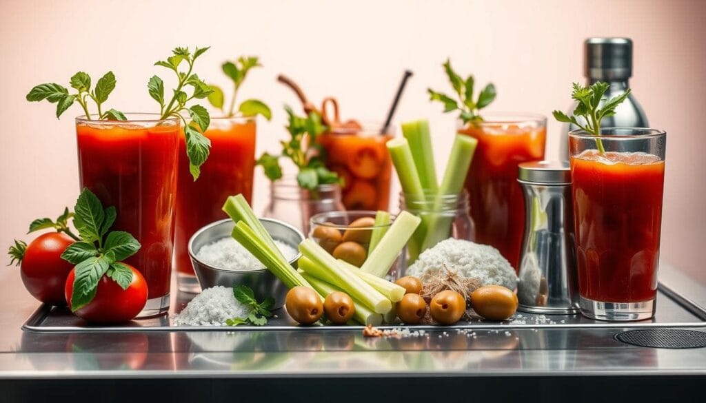 A sleek, stainless steel mixing station, adorned with a collection of artfully arranged ingredients for a classic Bloody Mary cocktail. In the foreground, a vibrant array of hues - the rich crimson of tomato juice, the verdant sprigs of fresh basil, the golden shimmer of celery salt. In the middle ground, an assortment of garnishes including crisp celery stalks, plump green olives, and a sprinkling of horseradish, all bathed in a warm, inviting light. The background is a minimalist, soft-focus backdrop, allowing the ingredients to take center stage. This is the ultimate prep scene for a &amp;quot;Quick Foods Recipes&amp;quot; Bloody Mary malt beverage, a unique twist on a beloved classic.