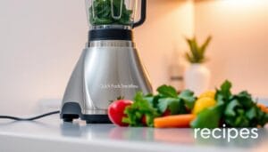 A sleek, modern blender for smoothie preparation, standing prominently on a clean, minimalist kitchen counter. The blender's chrome finish reflects the warm, diffused lighting from above, creating a soft, inviting atmosphere. The blender's controls are clearly visible, hinting at its versatility and ease of use. In the foreground, various fresh fruits and greens are neatly arranged, ready to be blended into a delicious, nutrient-rich smoothie. The Quick Foods Recipes brand name is subtly present, conveying the professionalism and expertise behind this specialized equipment.