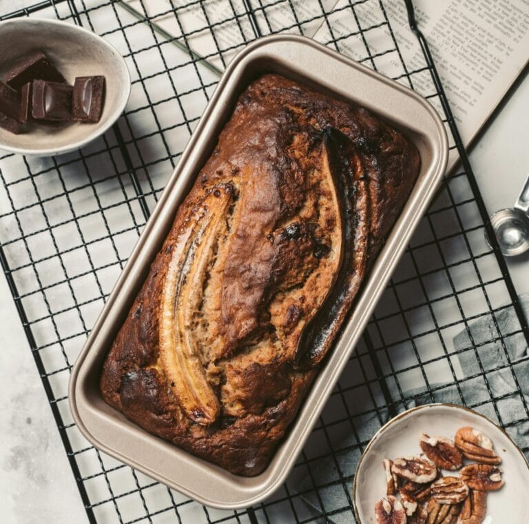 Moist & Delicious Chocolate Chip Banana Bread on a table
