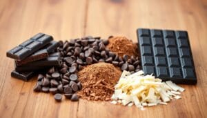 Different types of chocolates including dark chocolate bars, chocolate chips, cocoa powder, and white chocolate shavings