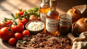 brown sauce in a jar placed with ingredients 