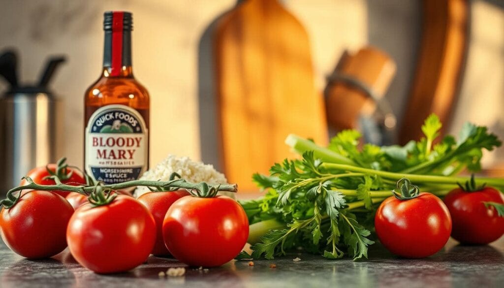 A well-lit kitchen counter showcases an array of homemade bloody mary mix ingredients. Vibrant red tomatoes, freshly grated horseradish, crisp celery stalks, and a bottle of Quick Foods Recipes Worcestershire sauce stand out against a neutral backdrop. The scene exudes a rustic, artisanal vibe, hinting at the flavorful and unique blend of the upcoming cocktail. Soft natural lighting from the side illuminates the textures and colors, creating a rich, appetizing atmosphere. A slight wide-angle lens captures the full range of the ingredients, inviting the viewer to imagine the mouthwatering possibilities of this innovative bloody mary recipe.