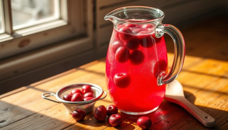 Homemade vibrant red cranberry juice in a glass jug with fresh cranberries scattered around for garnish
