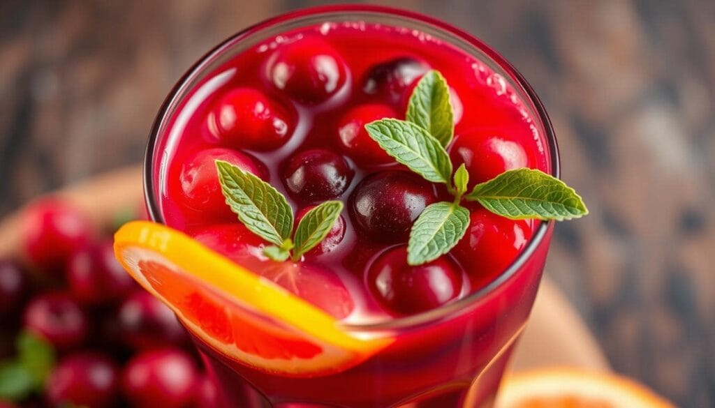 Close-up of fresh homemade cranberry juice in a glass with whole cranberries and mint leaves garnish, vibrant red color