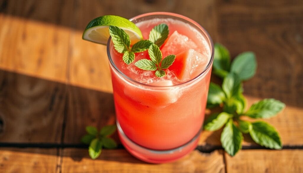 Close-up of fresh homemade watermelon juice with ice and mint leaves garnish in a glass.