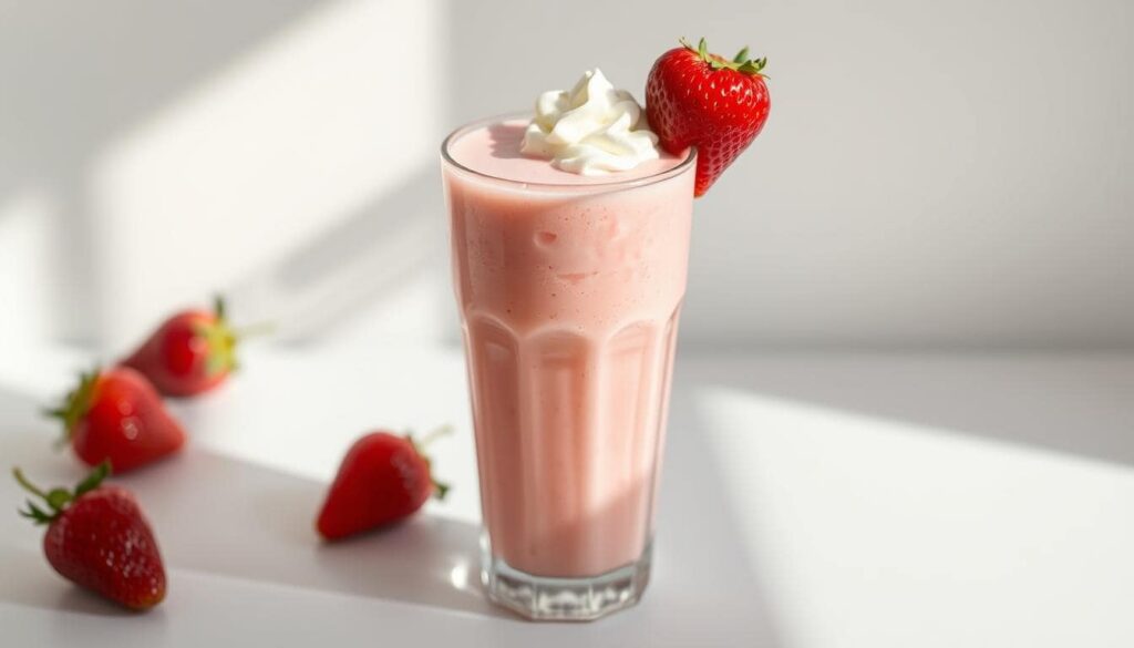 Refreshing strawberry milkshake with fresh strawberries on a white background.