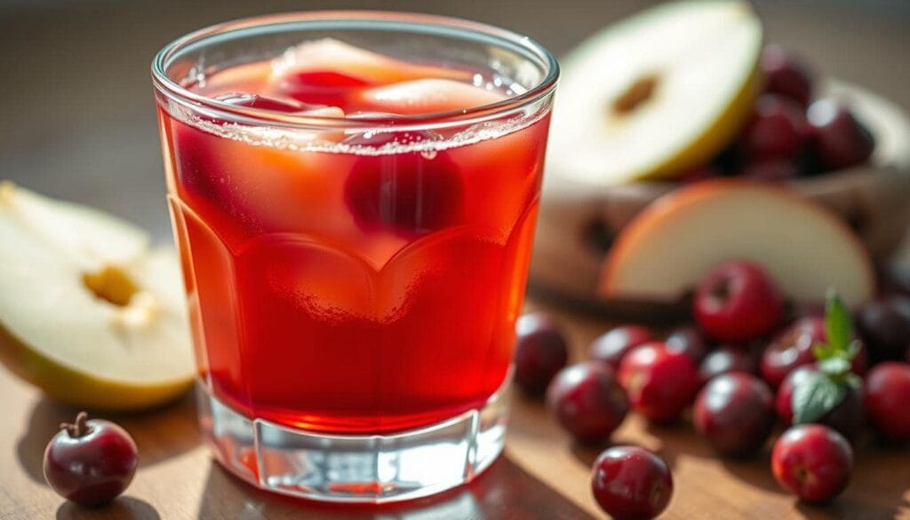 Glass of iced cranberry-apple juice with fresh cranberries and apple slices on rustic wooden table.