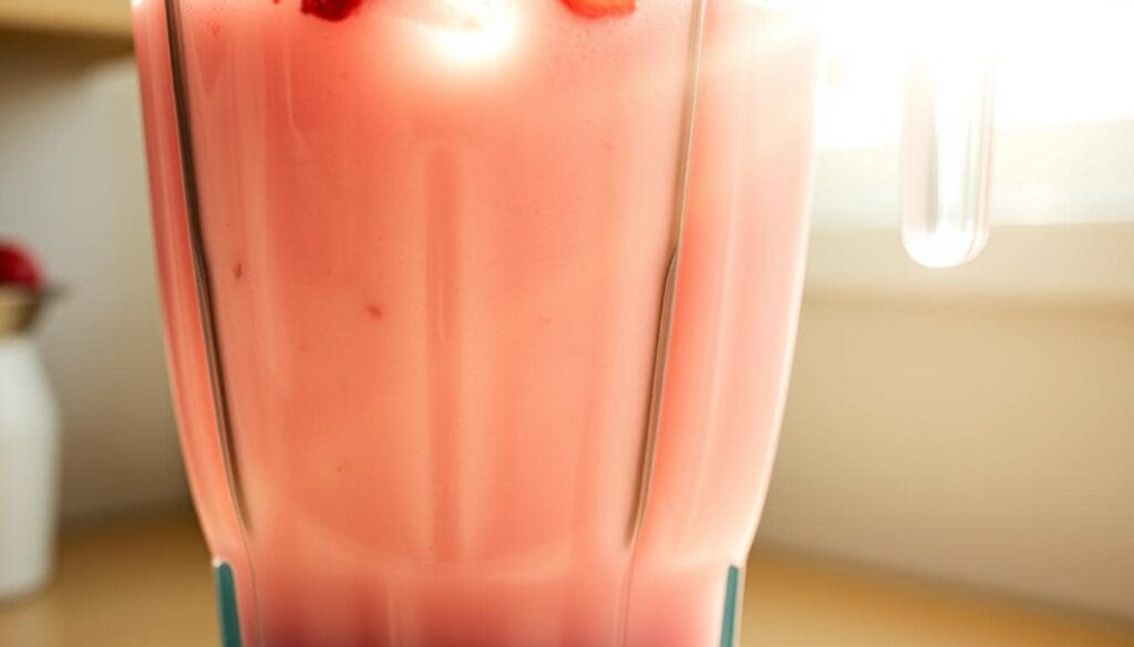 Freshly blended strawberry milkshake in a glass blender jar.