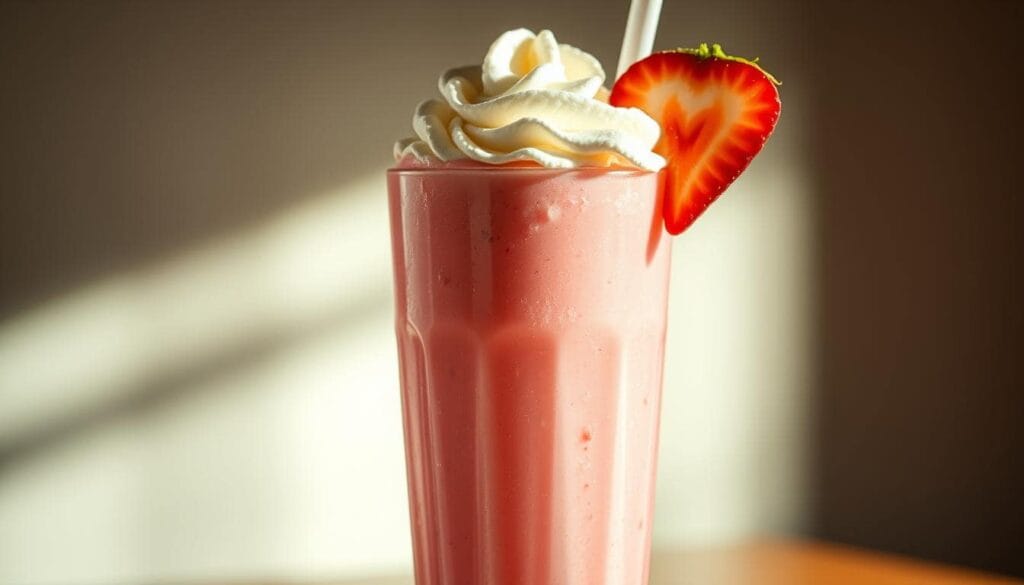 Homemade strawberry milkshake topped with whipped cream and fresh strawberry slice.