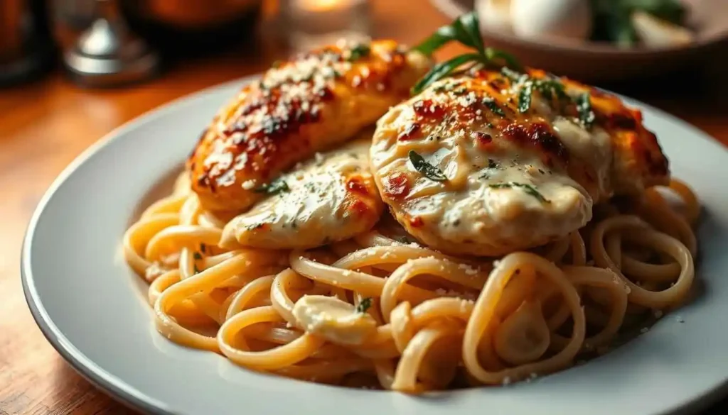 Plate of linguine topped with grilled chicken breasts and creamy Alfredo sauce, garnished with herbs.