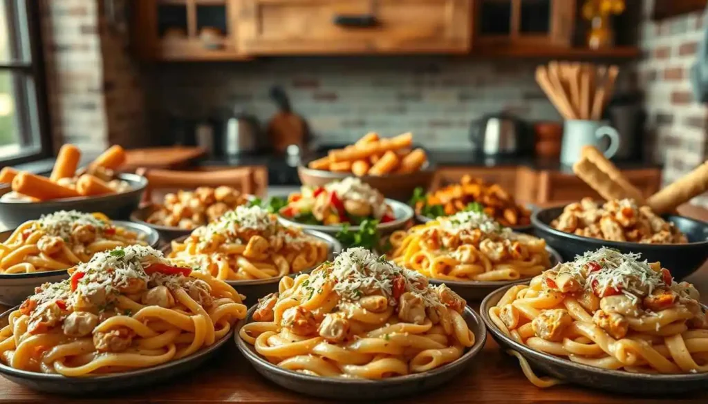 Multiple plates of creamy chicken pasta garnished with cheese and herbs, set on a rustic kitchen table.
