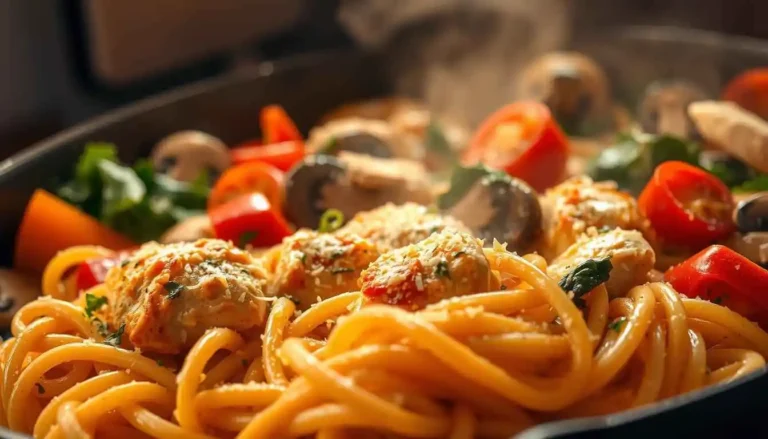 Close-up of spaghetti with grilled chicken, bell peppers, mushrooms, and leafy greens in a steaming skillet.