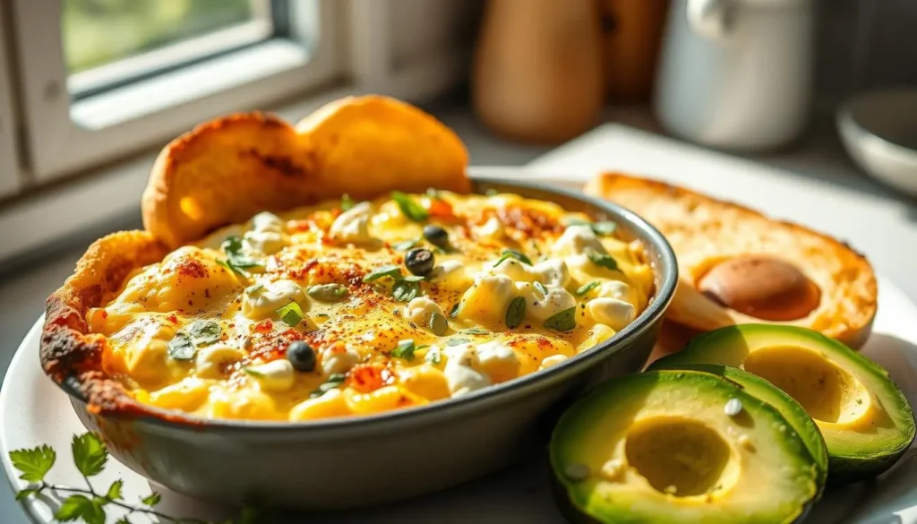 Freshly baked cottage cheese egg bake served in a white dish, topped with herbs for a healthy breakfast