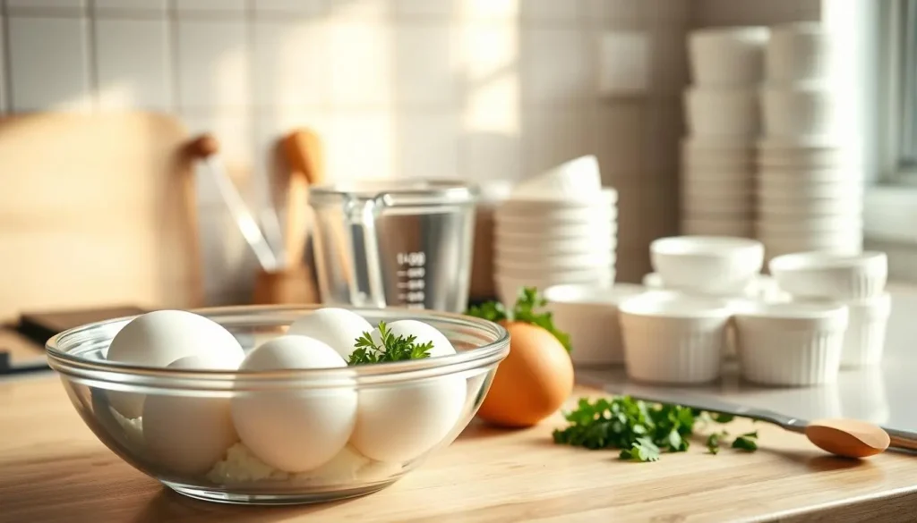Raw eggs in a bowl prepared for making cottage cheese egg bake
