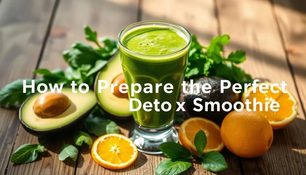 A visually appealing detox smoothie recipe presented in a natural, inviting setting. Placed on a rustic wooden table, the smoothie is served in a clear glass, showcasing its vibrant green hue and frothy texture. Fresh leafy greens, ripe avocado, and zesty citrus fruits are artfully arranged around the glass, creating a harmonious still life composition. The lighting is soft and natural, casting gentle shadows and highlights that accentuate the smoothie's creamy consistency and the surrounding ingredients' fresh appeal. The overall mood is one of health, vitality, and a sense of balance, perfectly aligning with the section title "How to Prepare the Perfect Detox Smoothie