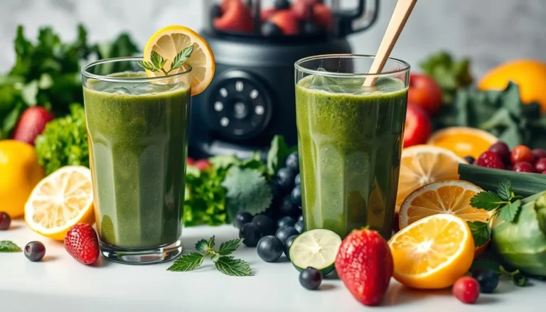 A beautifully lit close-up photograph of a variety of fresh, vibrant detox smoothie ingredients, artfully arranged on a clean, white surface. In the foreground, a glass filled with a green, nutrient-rich smoothie, garnished with a slice of lemon and a sprig of mint. Surrounding the glass, an assortment of leafy greens, ripe berries, crisp cucumbers, and juicy citrus fruits, all glistening with moisture. In the middle ground, a blender jug and a wooden spoon, suggesting the process of blending these wholesome ingredients. The background is softly blurred, allowing the viewer to focus on the delectable smoothie and its nourishing components. The overall mood is one of health, vitality, and a refreshing, clean aesthetic.