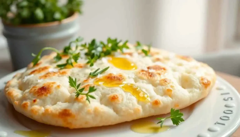 Freshly baked cottage cheese flatbread with golden crust, olive oil drizzle, and fresh parsley on a white plate.