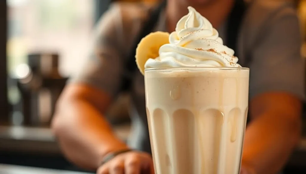 Glass of banana milkshake topped with whipped cream and banana slice – a creamy banana milk recipe.