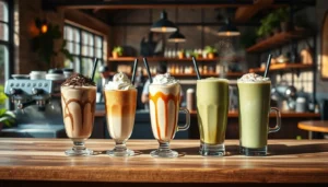 A variety of coffee milkshakes and boozy shakes with vanilla ice cream, displayed on a café counter