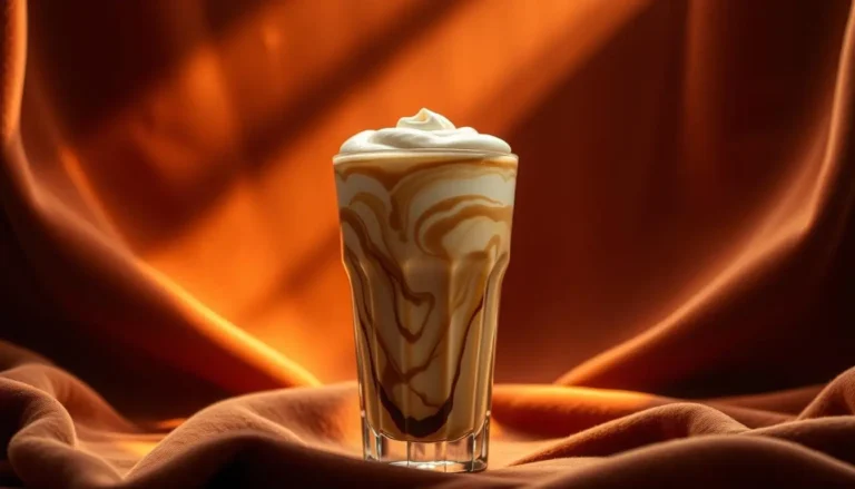 A swirled coffee milkshake with whipped cream, highlighted against a warm orange background