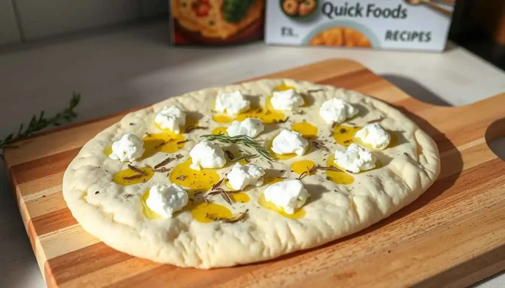 Flatbread dough made with cottage cheese resting on a wooden board, drizzled with olive oil and topped with small cheese pieces.
