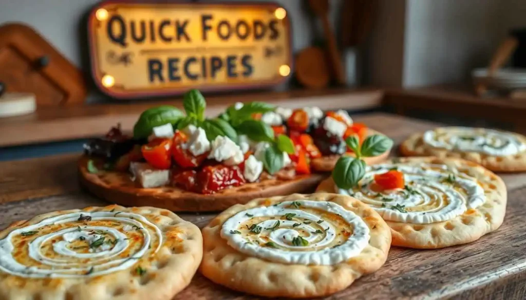 Cottage cheese flatbread topped with cream, herbs, and cherry tomatoes served as an appetizer beside a fresh veggie platter.