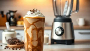 Creamy coffee milkshake made in a small blender, topped with whipped cream and chocolate shavings