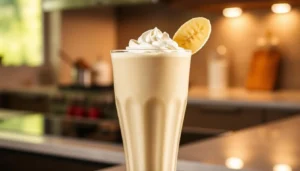 Homemade banana milkshake served in a tall glass in a kitchen setting – perfect vegan milkshake option.