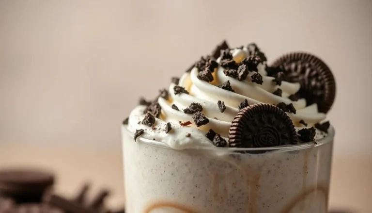 Close-up of creamy Oreo thick shake with swirls, whipped topping, and whole cookies.