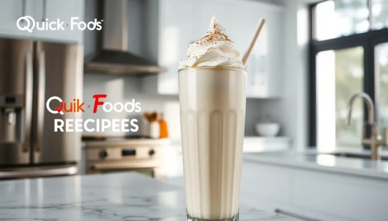 Tall glass of creamy vanilla milkshake with whipped cream topping in a modern kitchen.