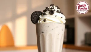 Homemade Oreo milkshake served in a tall glass with whipped cream and cookie crumbles.