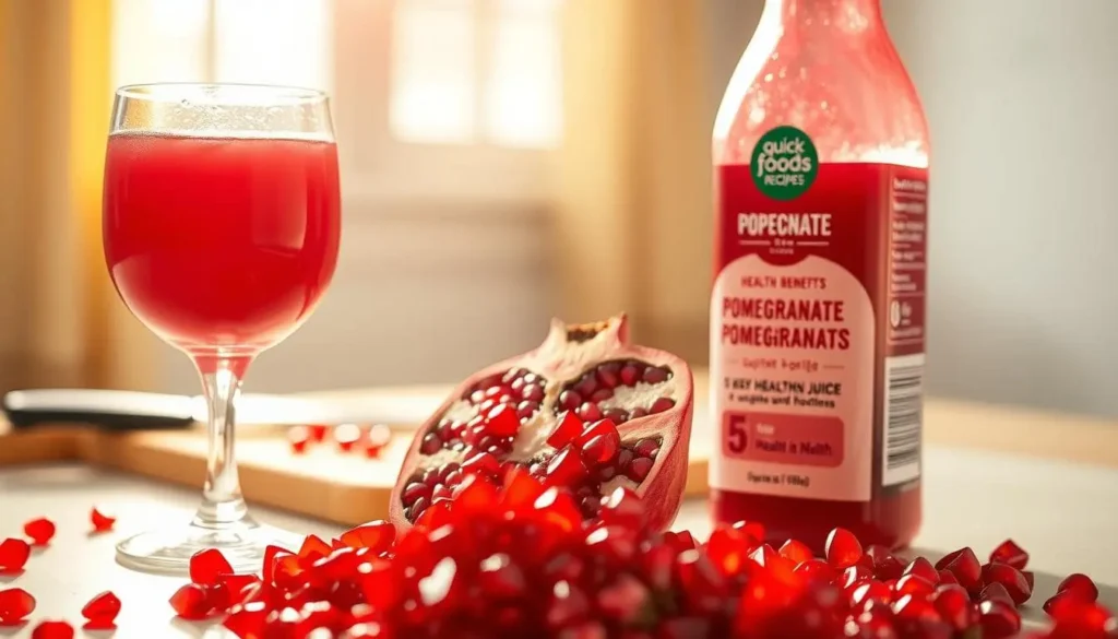 A glass of fresh pomegranate juice with arils and bottle highlighting health benefits.