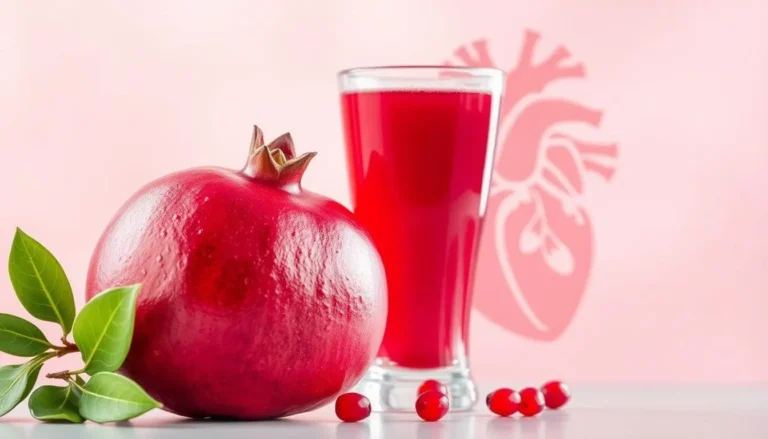 Whole organic pomegranate with a glass of fresh red juice on a clean background.