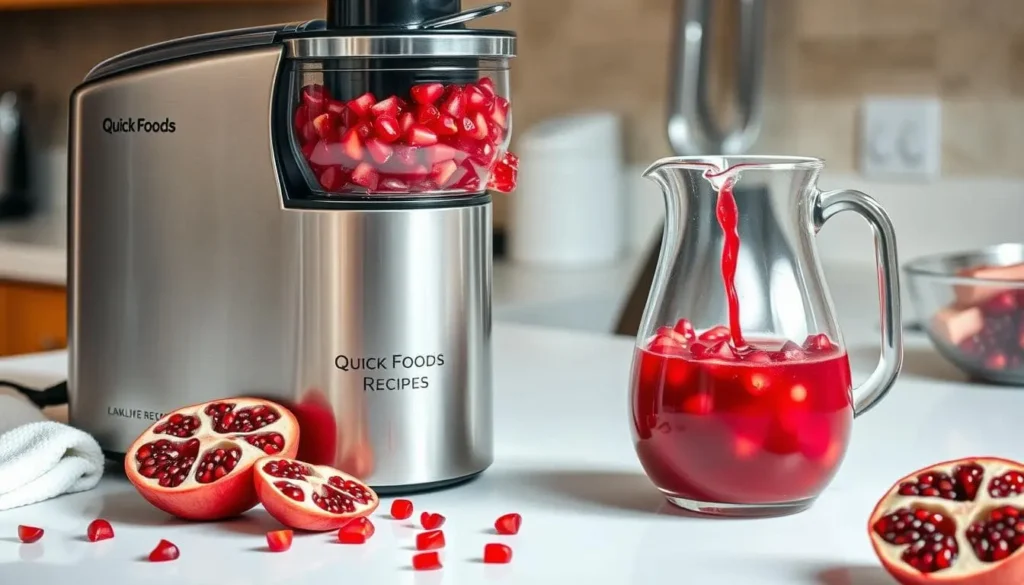Pomegranate arils in a juicer extracting fresh pom juice into a glass pitcher.