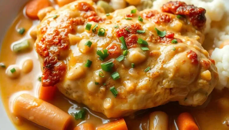 Smothered chicken topped with creamy mushroom gravy and served with carrots on a white dinner plate.