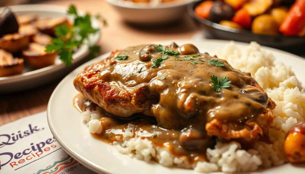 Smothered chicken breast covered in mushroom gravy, served over white rice with parsley garnish and roasted vegetables.