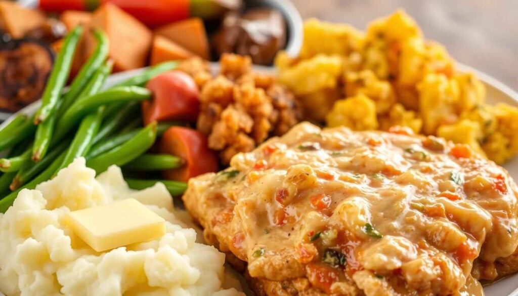 Plate of smothered chicken with creamy gravy, mashed potatoes, green beans, sweet potatoes, and crispy fried sides.