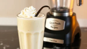 Vanilla milkshake topped with whipped cream and vanilla pod, placed in front of a kitchen blender.