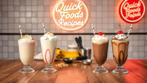 Assorted milkshakes on a wooden counter with banana milkshake in focus – including chocolate banana, strawberry banana, and banana pudding shake.