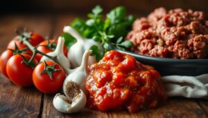 Bolognese sauce: juicy tomatoes, fragrant garlic cloves, and rich, ground beef from Quick Foods Recipes. 