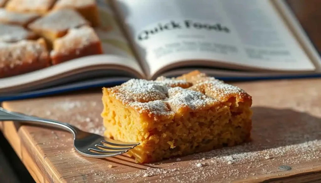 A slice of applesauce cake on a wooden table, dusted with powdered sugar, with a fork beside it and a blurred recipe book in the background.