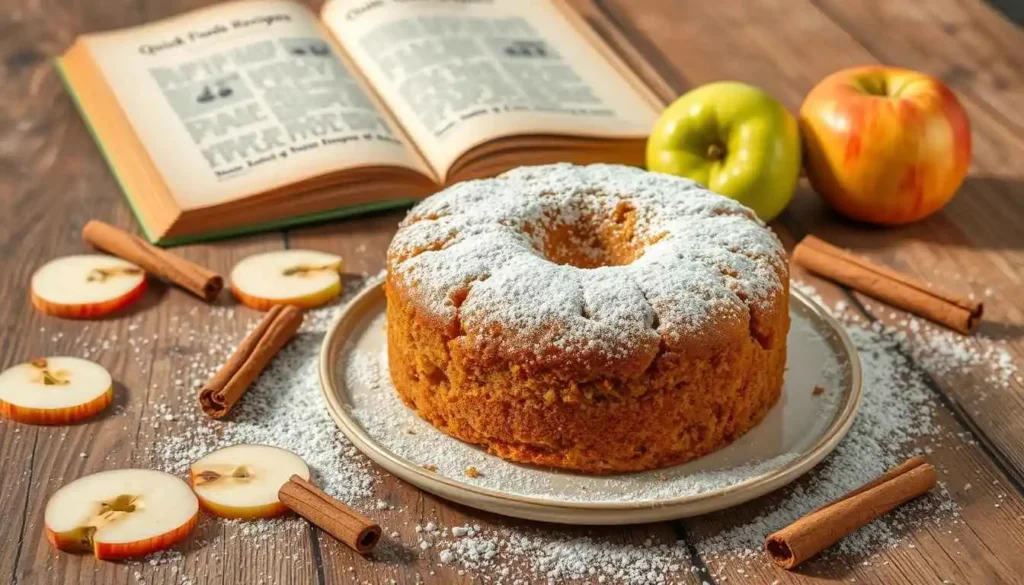 Bundt-style applesauce cake dusted with powdered sugar, surrounded by apple slices and cinnamon sticks on a rustic wooden table.