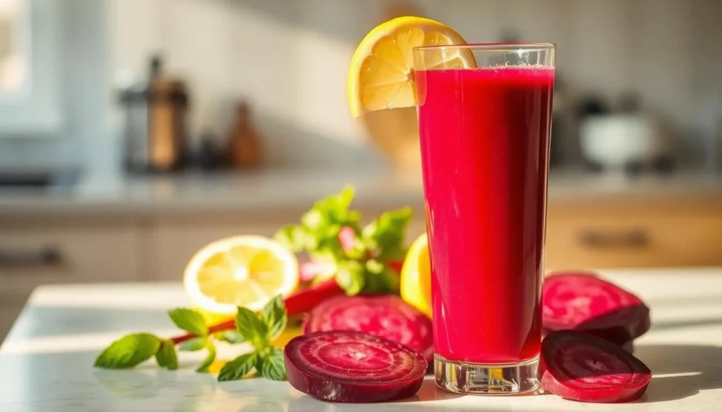 A tall glass of bright red beet juice with lemon slice, surrounded by fresh beets, mint, and lemon in a sunny kitchen setting.