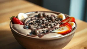 Chocolate malt dessert bowl with strawberries, banana slices, and chocolate toppings