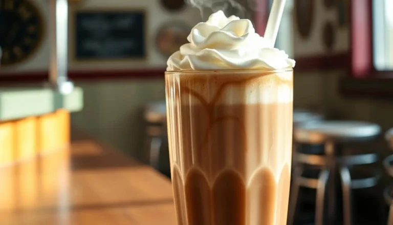 Glass of chocolate malt shake topped with whipped cream and straw.