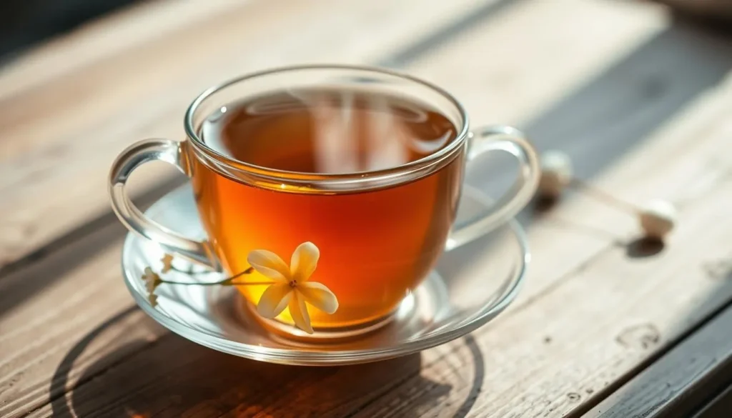 A delicate glass teacup filled with fragrant jasmine tea, steam gently rising. The liquid has a warm, amber hue, reflecting the natural caffeine content of the jasmine leaves. A sprig of fresh jasmine flowers rests on the saucer, adding a touch of elegance. The scene is bathed in soft, natural lighting, creating a serene and calming atmosphere. In the background, a vintage-inspired wooden table sets the stage, hinting at the rich history and tradition of this beloved beverage. Quick foods Recipes