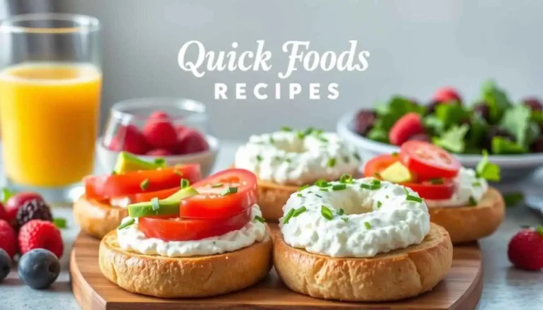 Cottage cheese bagels topped with tomato and green onions, served with fresh fruit and orange juice for a complete breakfast.