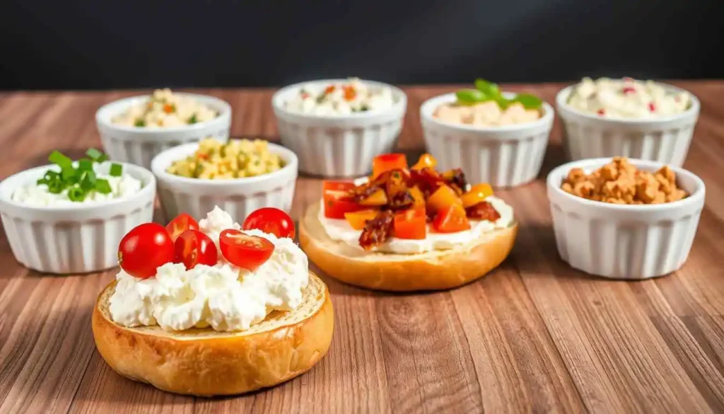 Two cottage cheese bagels topped with cherry tomatoes and diced vegetables, surrounded by bowls of assorted creamy spreads.