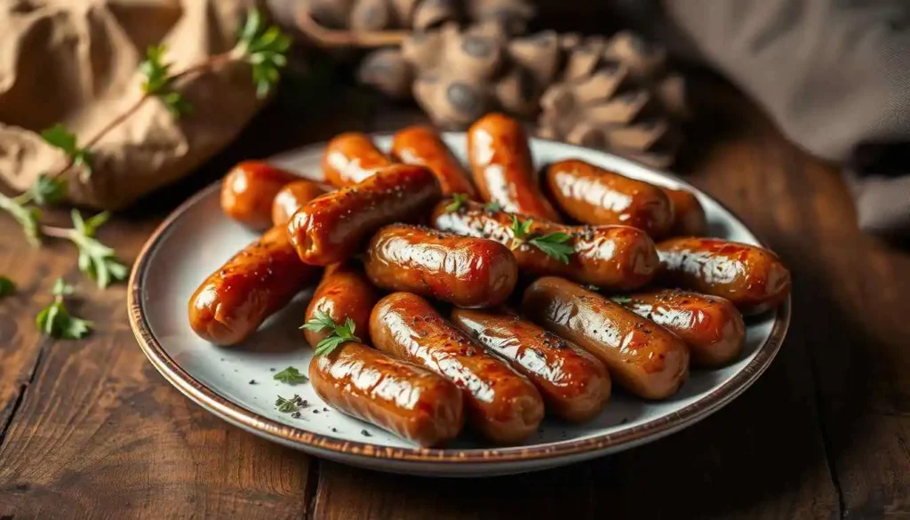 Glazed little smokies served on a white ceramic plate with herbs.