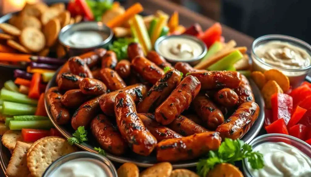 Grilled little smokies with char marks served with crackers, fresh veggies, and dips.